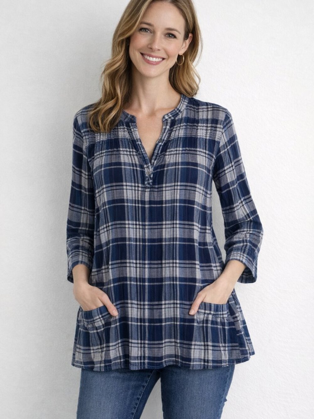 CP Shades Blue Plaid Roll Tab Sleeve Tunic‎ Top with Pockets